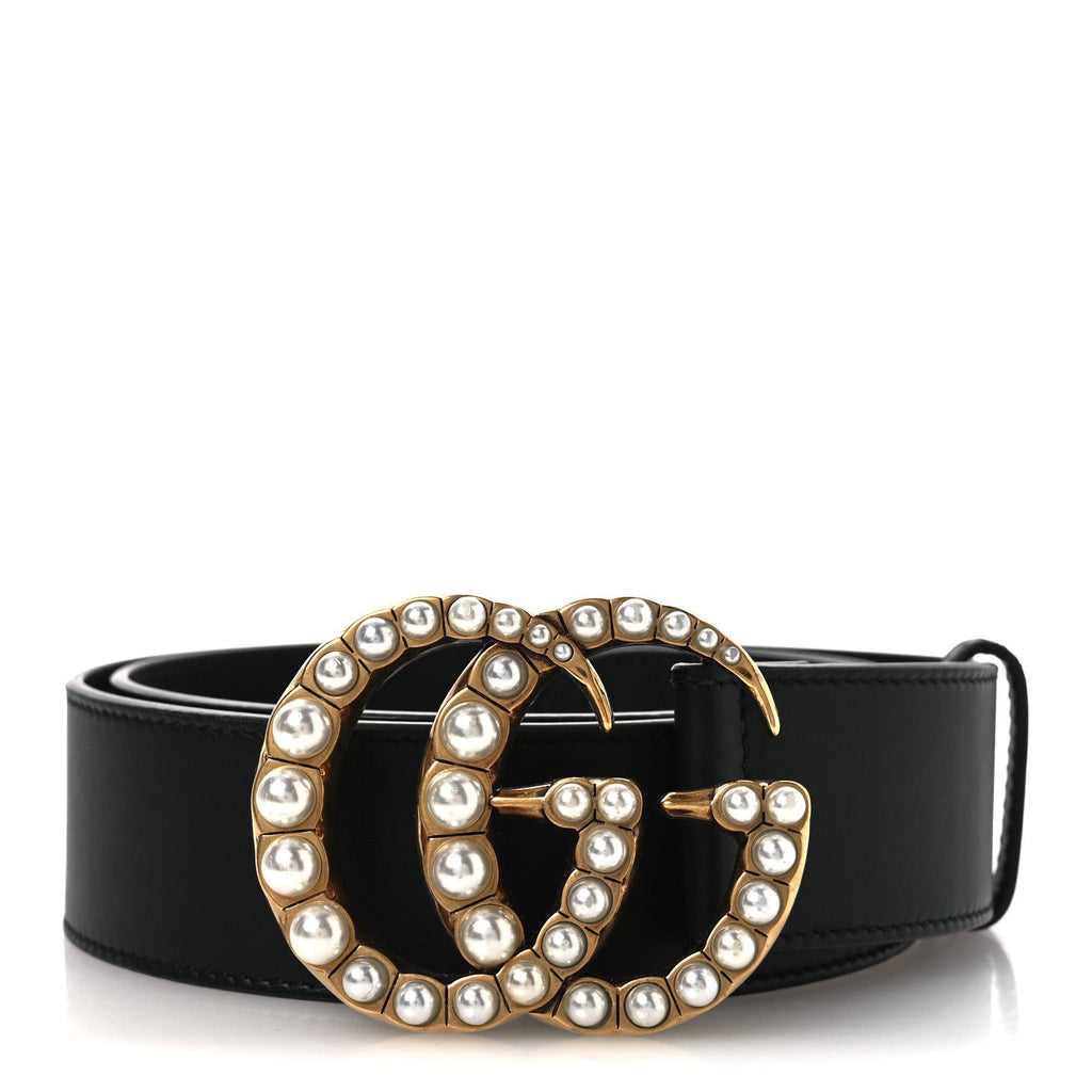 Moon Calfskin Pearl Double G 40mm Belt 85 34 Black Cream