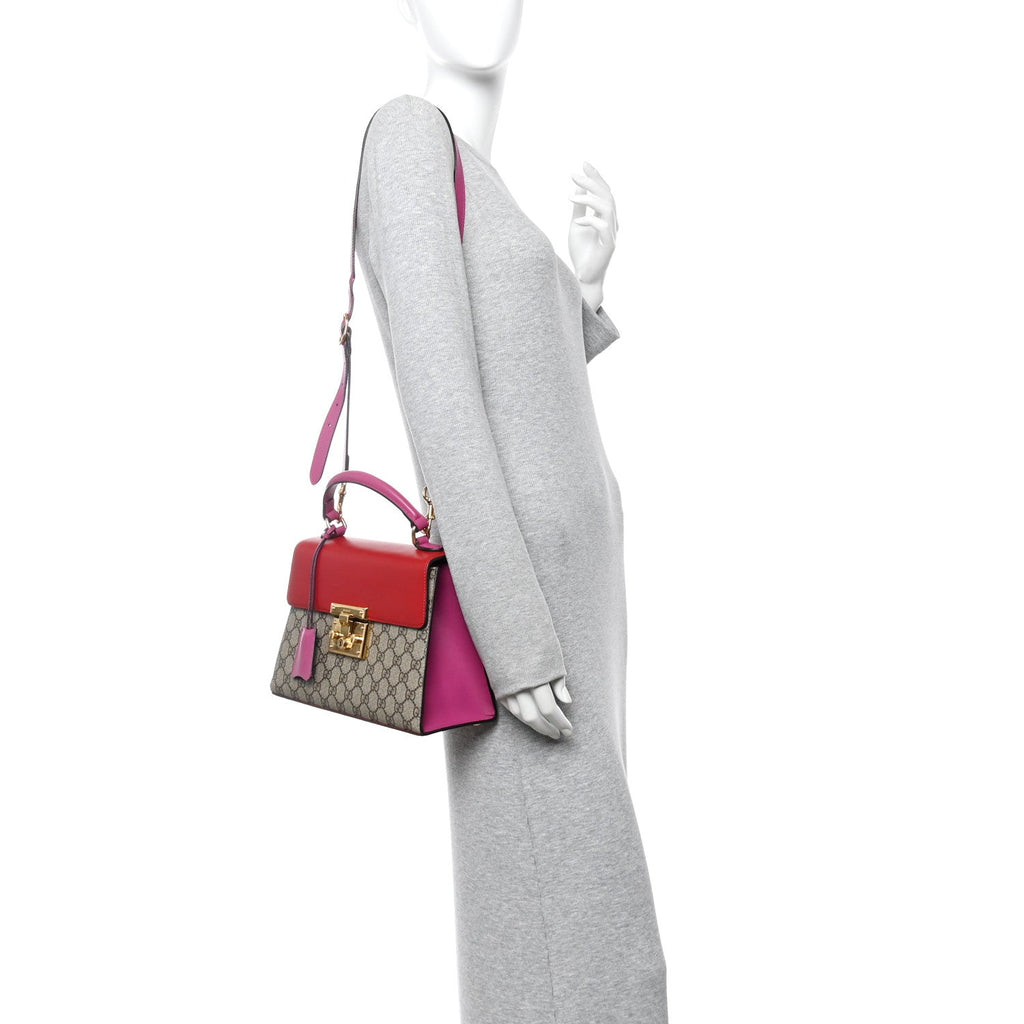 GG Supreme Monogram Calfskin Small Padlock Top Handle Bag Beige Hibiscus Red New Rosette