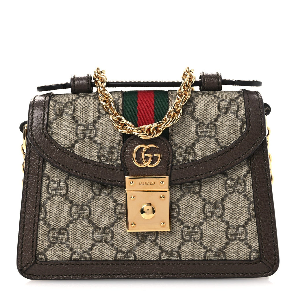 GG Supreme Monogram Textured Dollar Calfskin Web Mini Ophidia Padlock Top Handle Chain Shoulder Bag Beige Ebony New Acero
