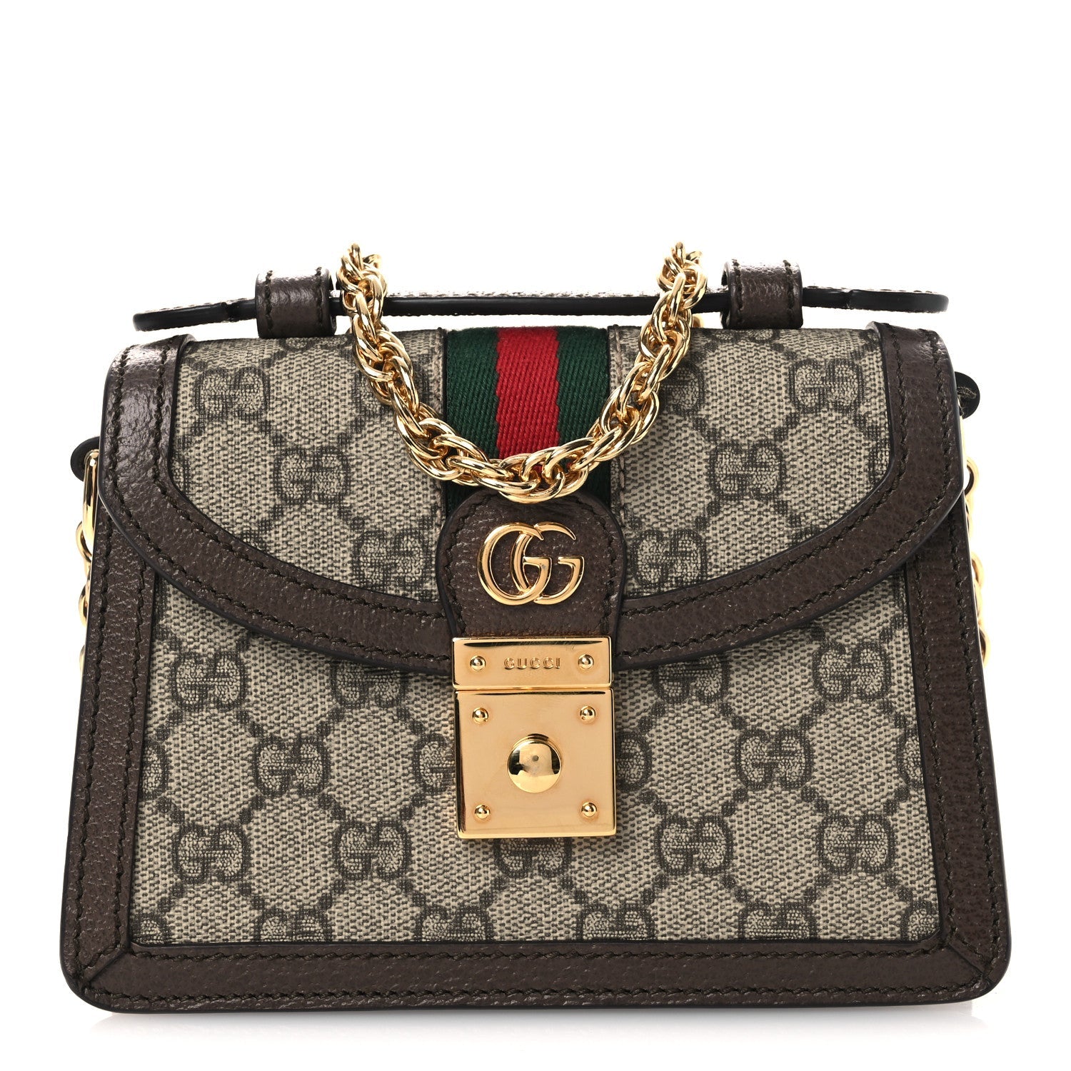 GG Supreme Monogram Textured Dollar Calfskin Web Mini Ophidia Padlock Top Handle Chain Shoulder Bag Beige Ebony New Acero