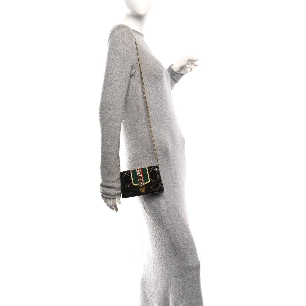 Velvet GG Monogram Web Super Mini Sylvie Chain Shoulder Bag Brown Black Oro Vecchio