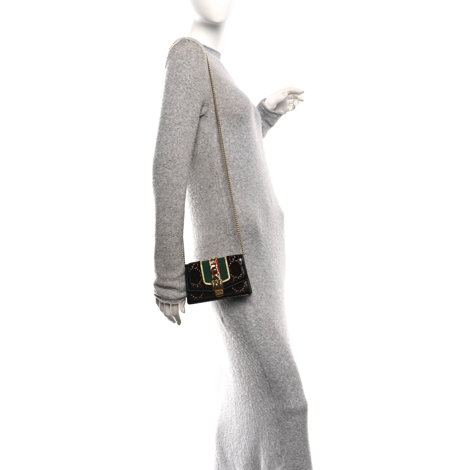 Velvet GG Monogram Web Super Mini Sylvie Chain Shoulder Bag Brown Black Oro Vecchio