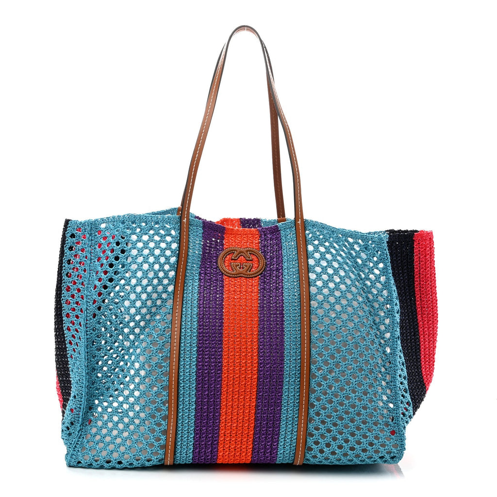 Raffia Web Woven Interlocking G Tote Blue Multicolor