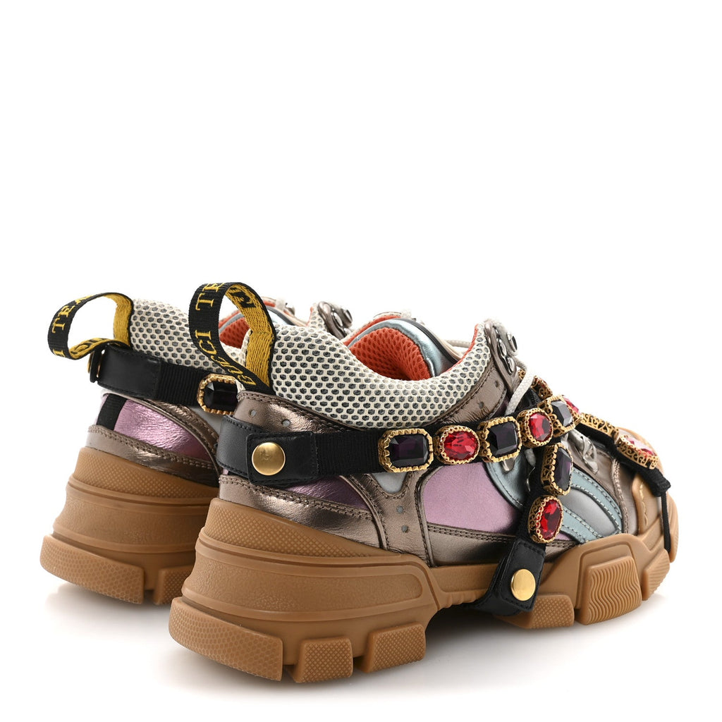 X SEGA Metallic Calfskin Mesh Removable Crystals Womens Flashtrek Sneakers 36 Rame Mystic White Lago