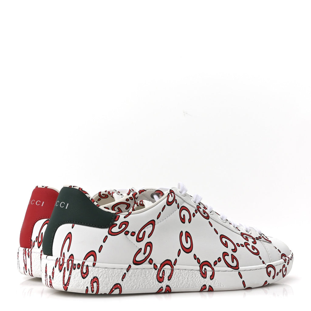 Calfskin GucciGhost Print Womens Ace Sneakers 40.5 White Hibiscus Red