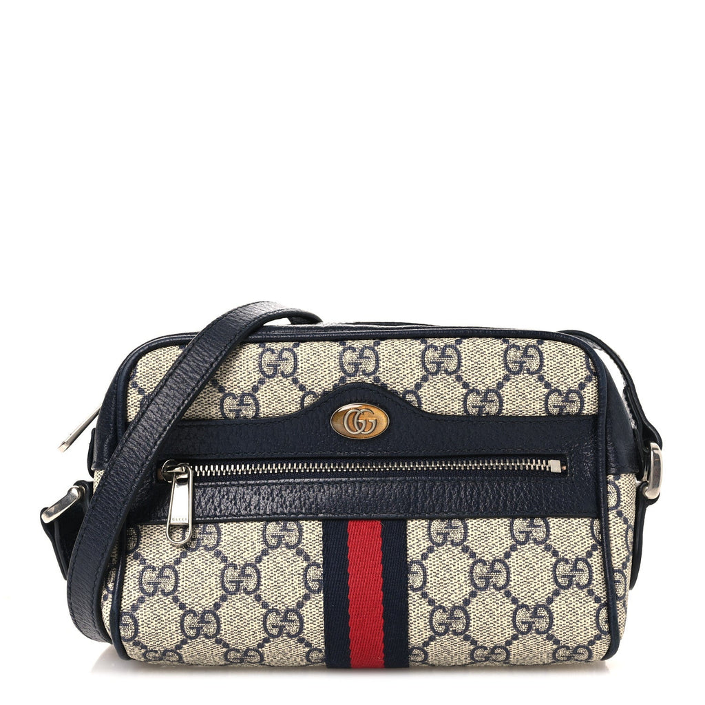 GG Supreme Monogram Textured Dollar Calfskin Web Mini Ophidia Shoulder Bag Beige Blue