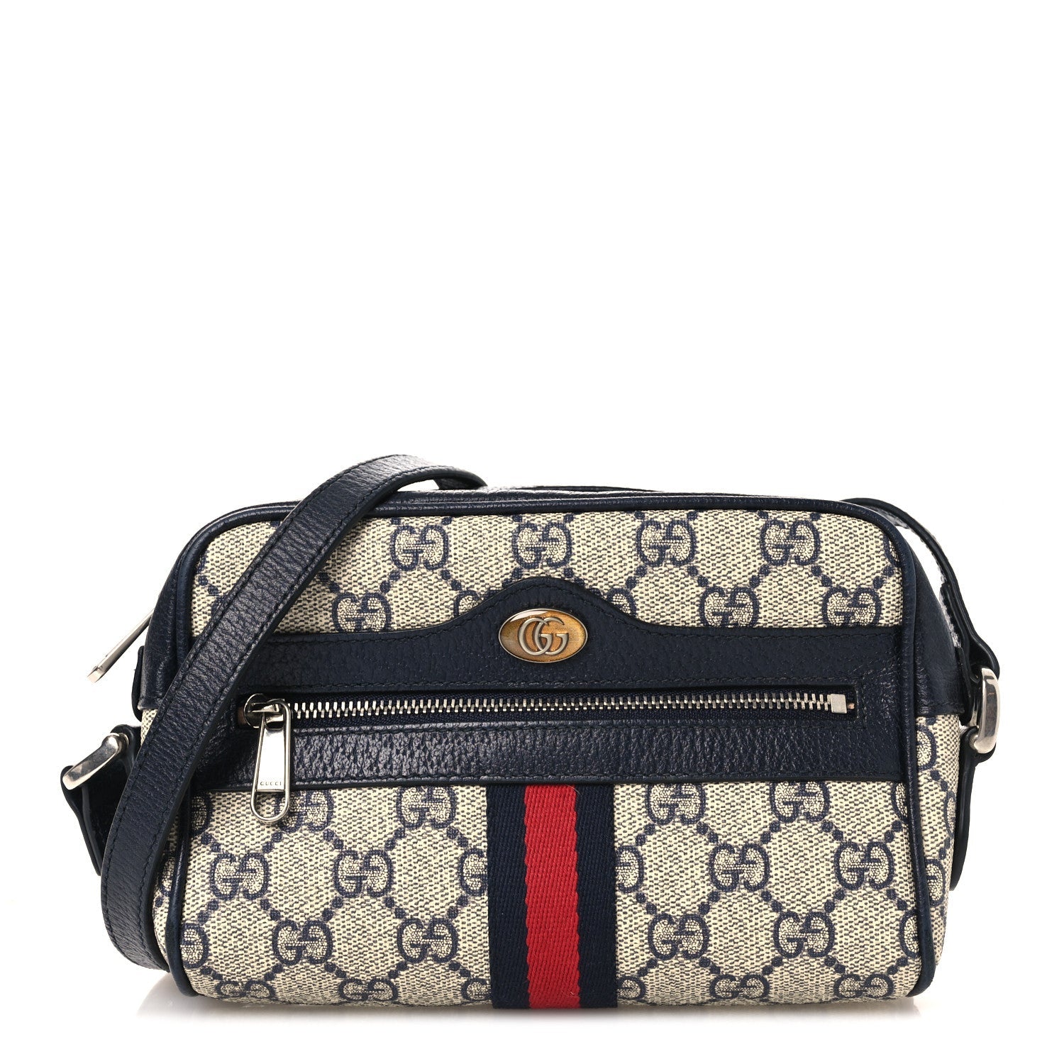 GG Supreme Monogram Textured Dollar Calfskin Web Mini Ophidia Shoulder Bag Beige Blue