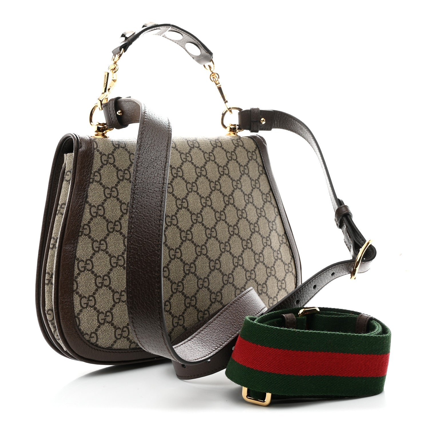 GG Supreme Monogram Textured Dollar Calfskin Web Medium Blondie Top Handle Shoulder Flap Bag Beige Ebony New Acero