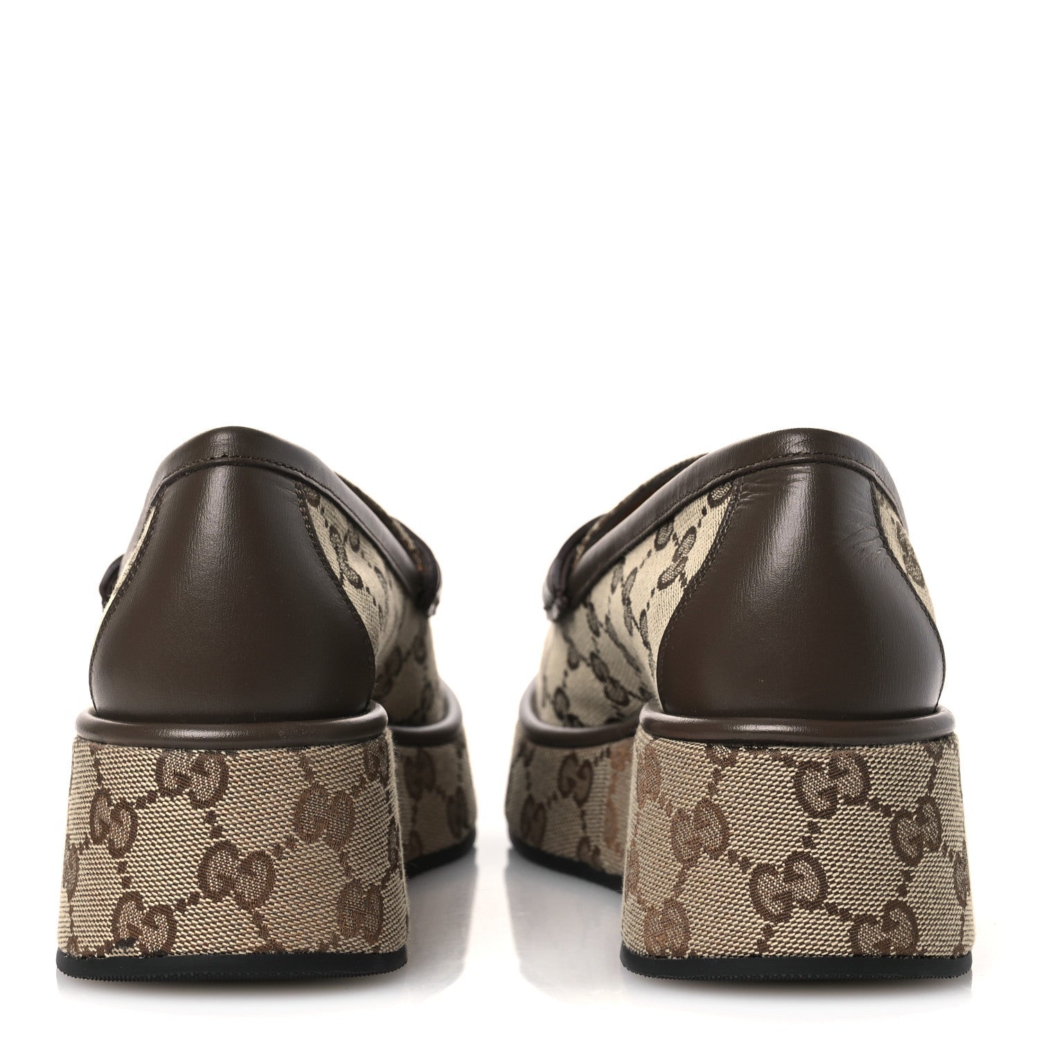 Monogram Horsebit Calfskin Womens Horsebit Wedge Platform Loafers 37 Beige Ebony