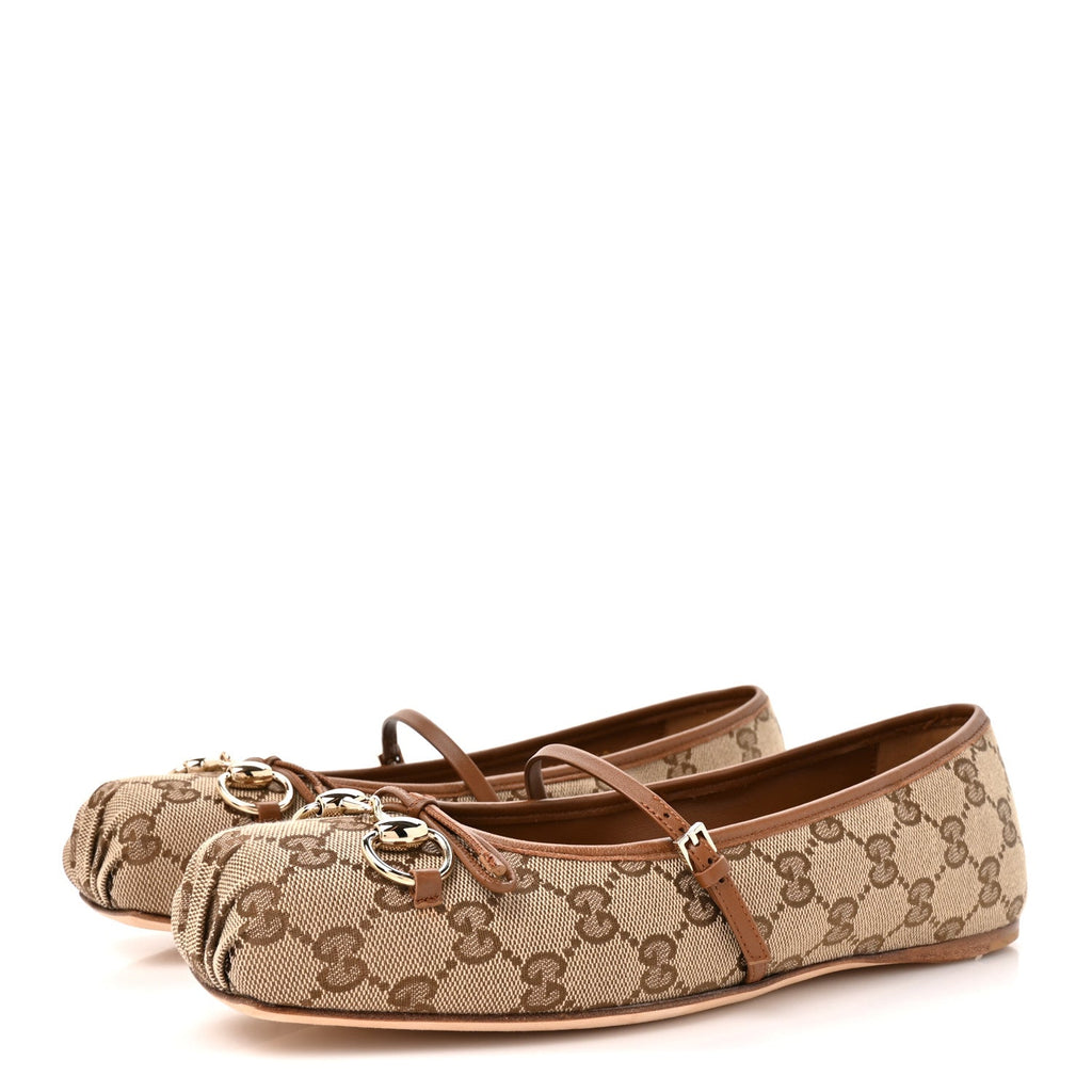 GG Monogram Horsebit Bow Ballet Flats 39.5 Beige Ebony Sundial