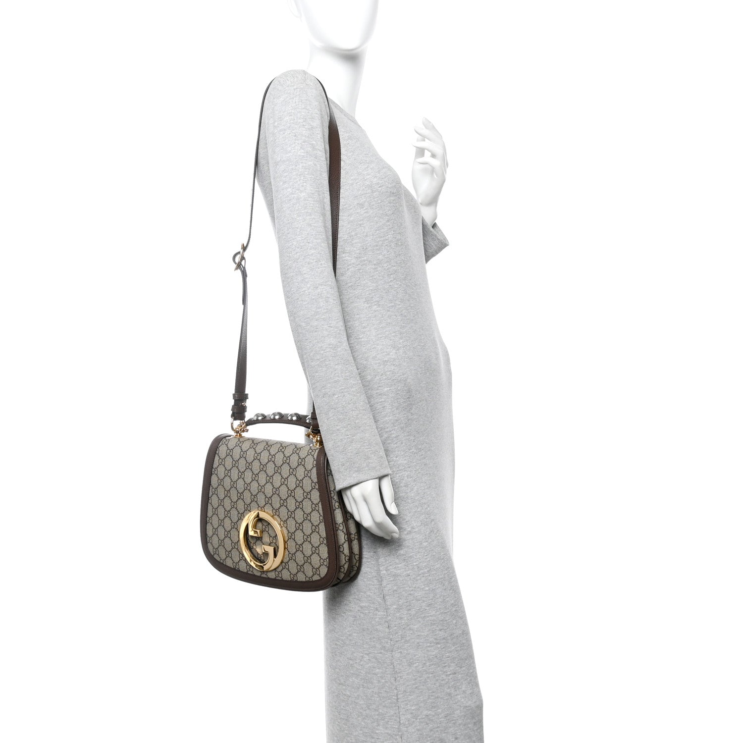 GG Supreme Monogram Textured Dollar Calfskin Web Medium Blondie Top Handle Shoulder Flap Bag Beige Ebony New Acero