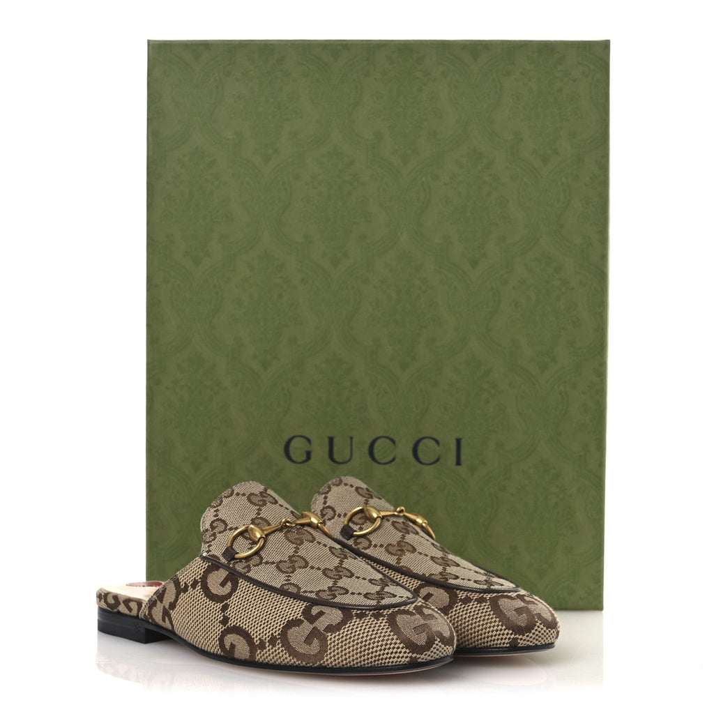 Monogram Jumbo GG Malaga Kid Womens Princetown Slippers 35 Camel Ebony New Acero Beige