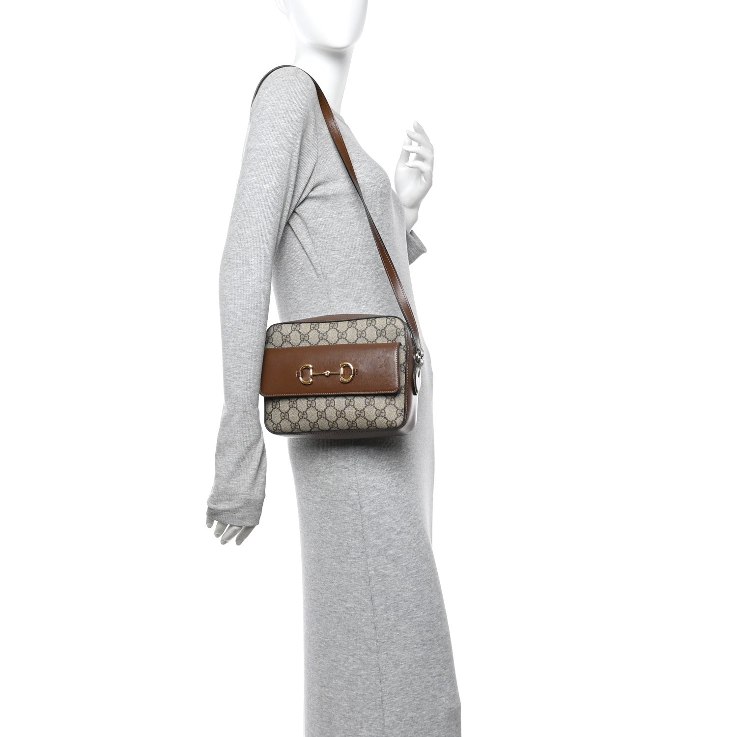 GG Supreme Monogram Small Horsebit 1955 Shoulder Bag Beige Brown Sugar