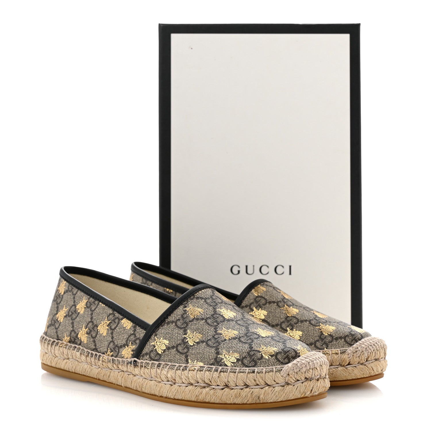 GG Supreme Monogram Bees Espadrille Flats 38 Beige Ebony Oro Black