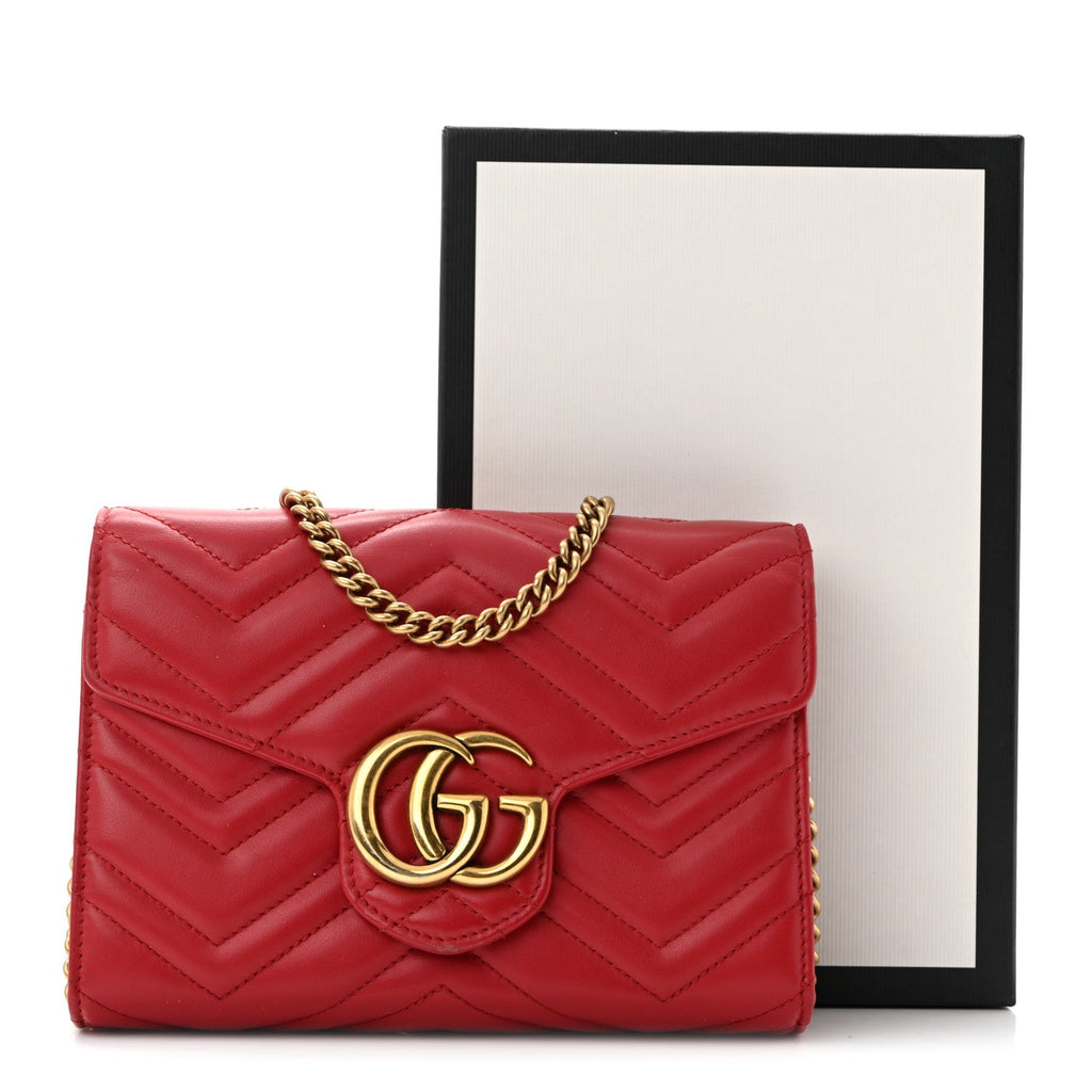 Calfskin Matelasse GG Marmont Chain Wallet Hibiscus Red