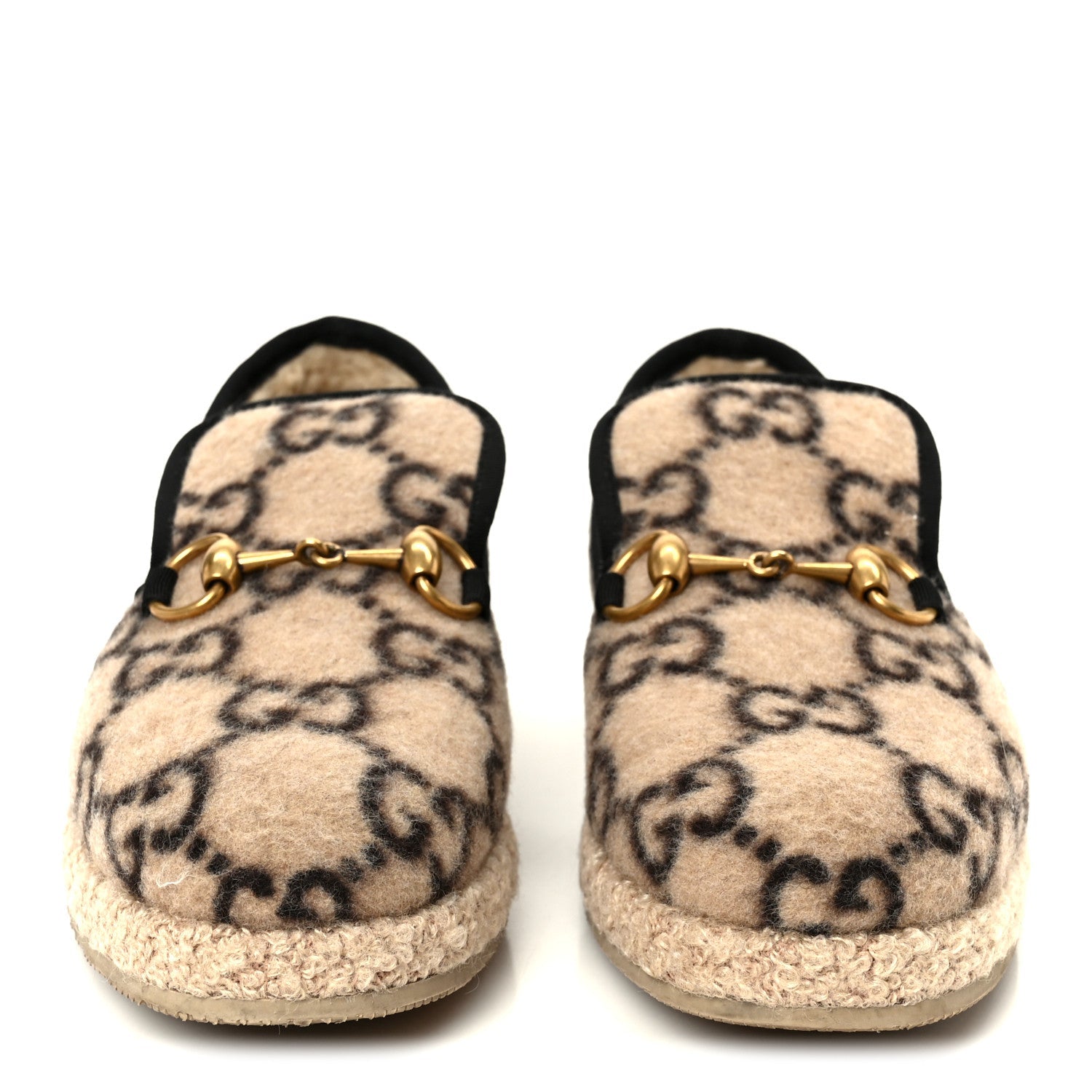 Covered Wool GG Monogram Womens Fria Horsebit Loafers 35.5 Beige Ebony Black Butterscotch