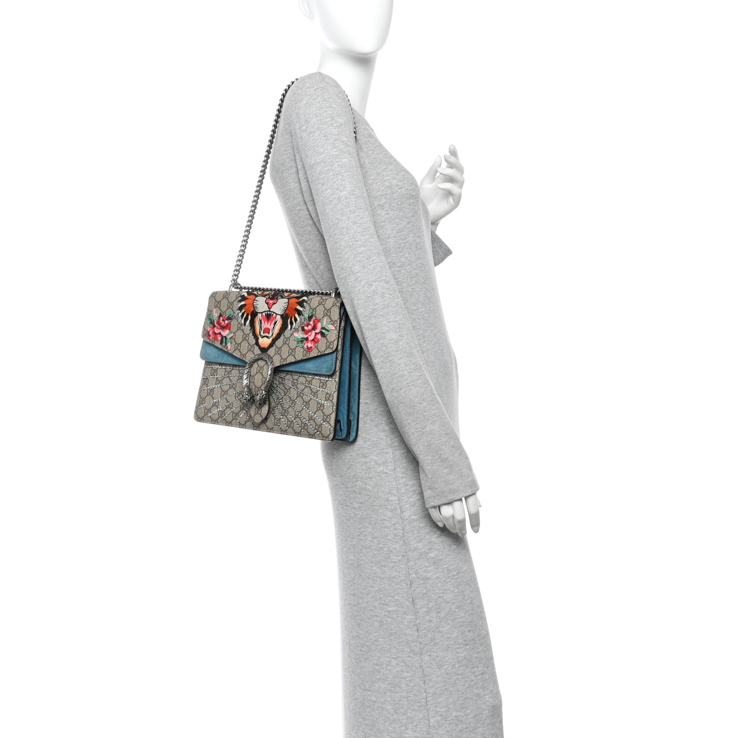 GG Supreme Monogram Angry Cat Embroidered Medium Dionysus Shoulder Bag Beige Ultramarine