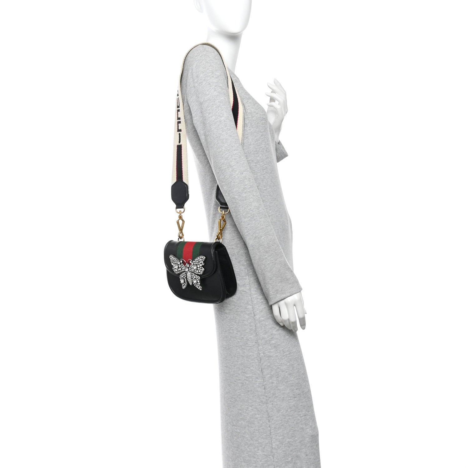 Calfskin Web Crystal Butterfly Stripe Small Totem Shoulder Bag Black