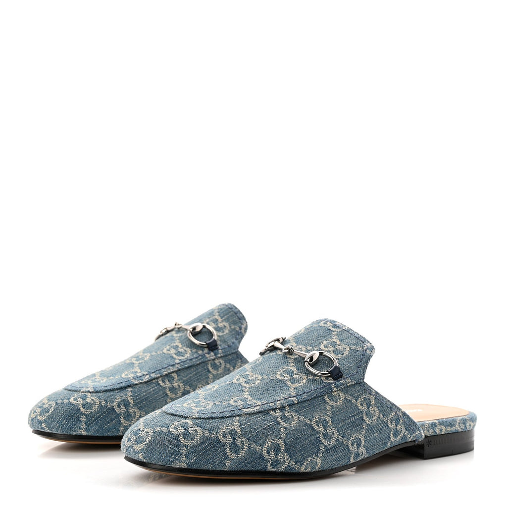 New Denim GG Malaga Kid Womens Princetown Slippers 37.5 Light Blue Royale