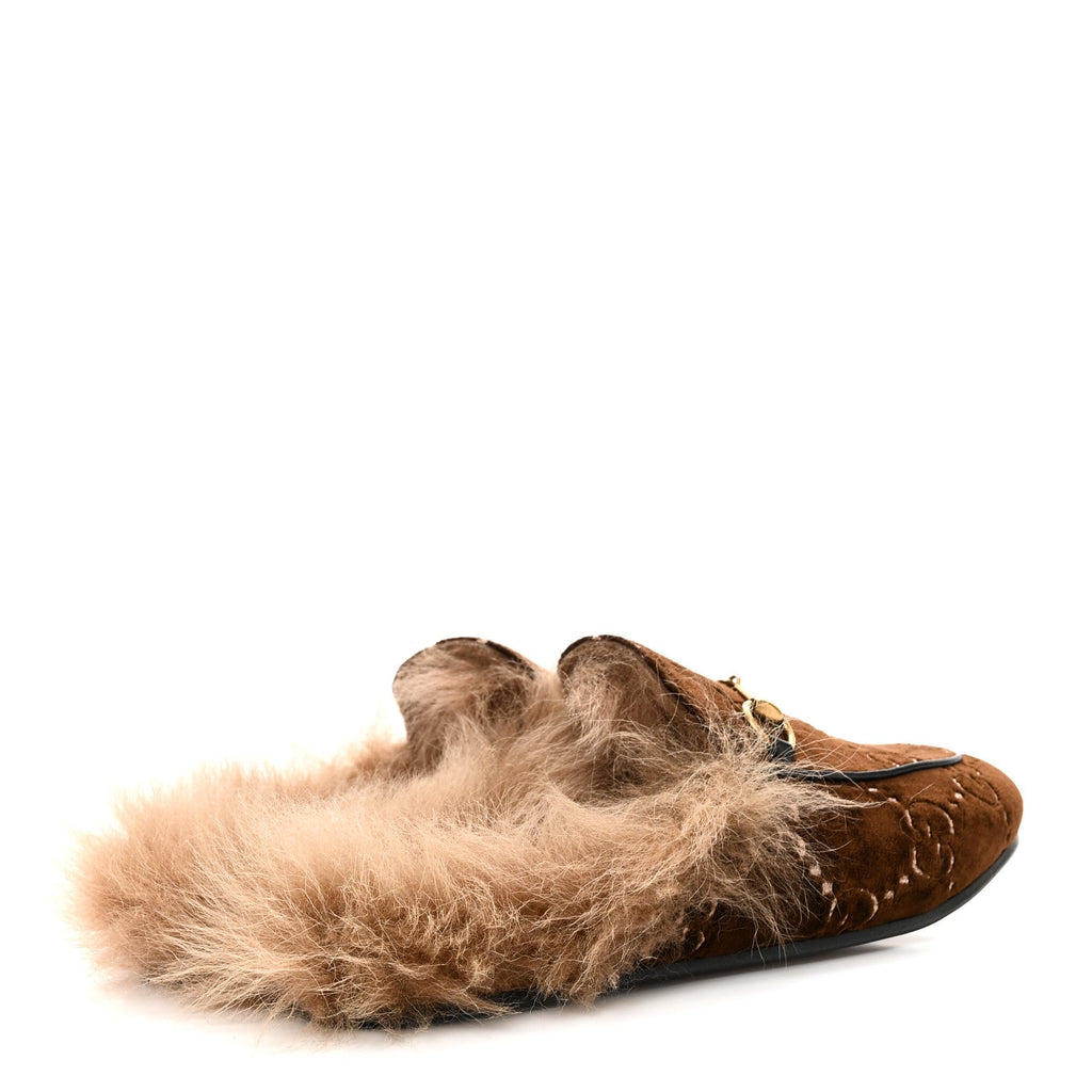 Velvet GG Monogram Fur Womens Princetown Slippers 38 Brown Black Natural