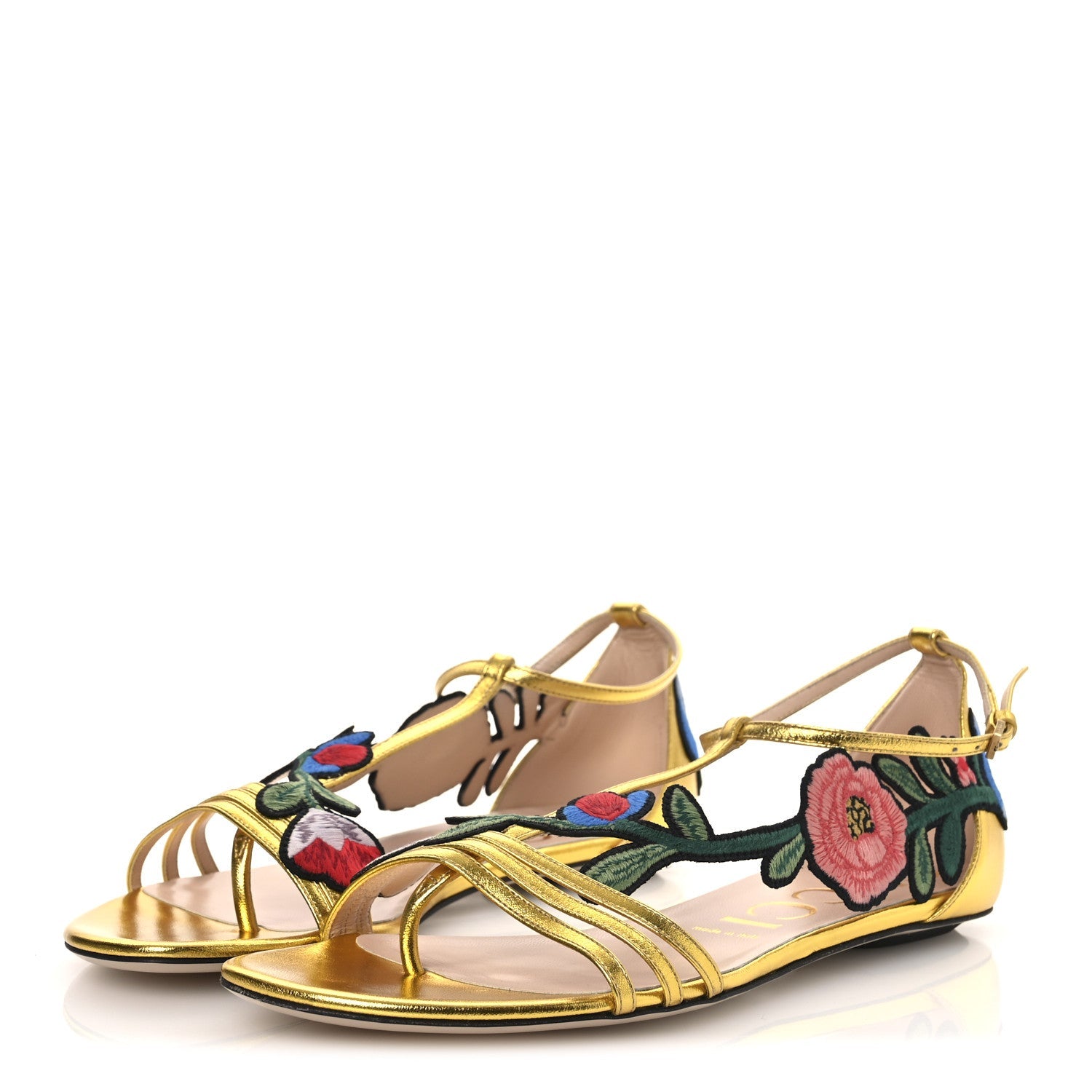 Metallic Nappa Ophelia T-Strap Flat Sandals 36 Gold