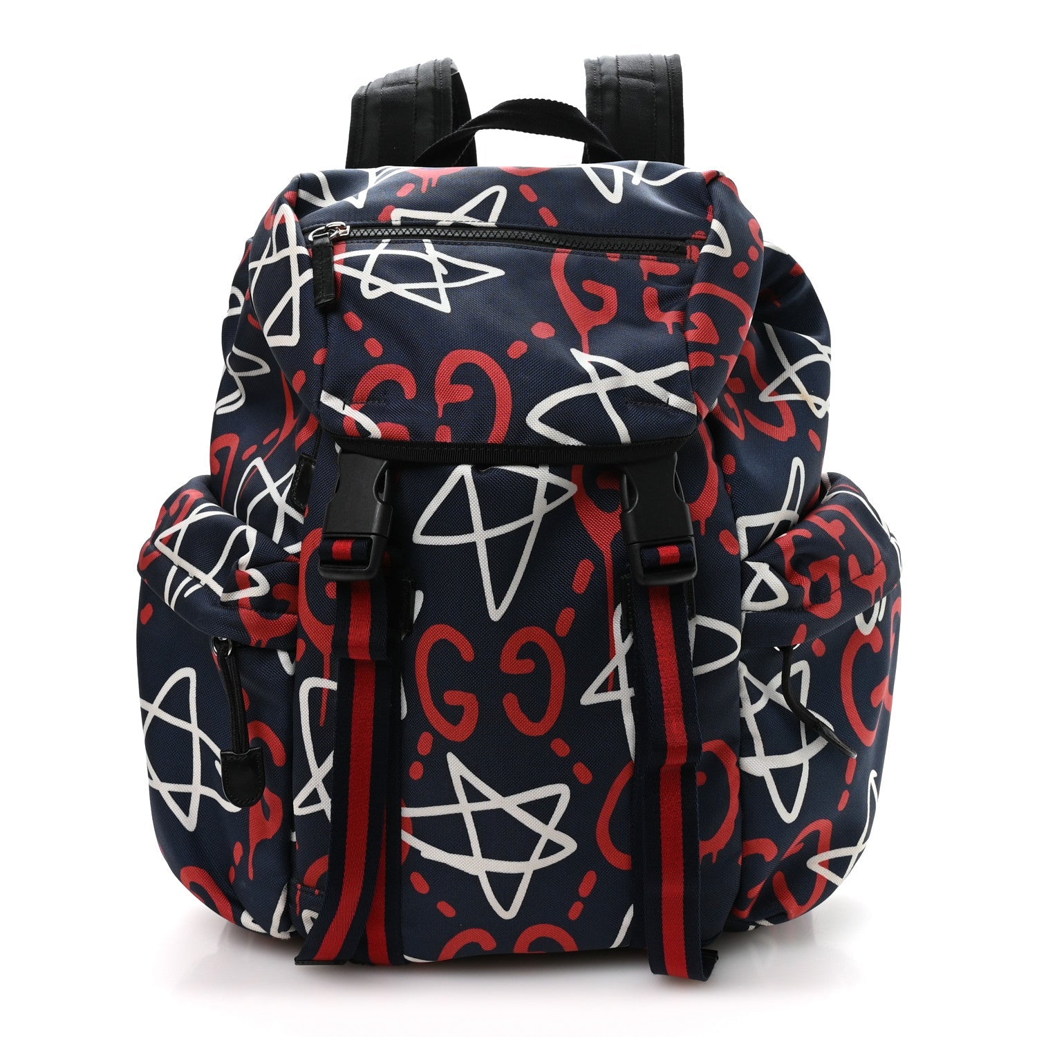 Techno Canvas GucciGhost Double Buckle Backpack Blue Agata Hibiscus Red