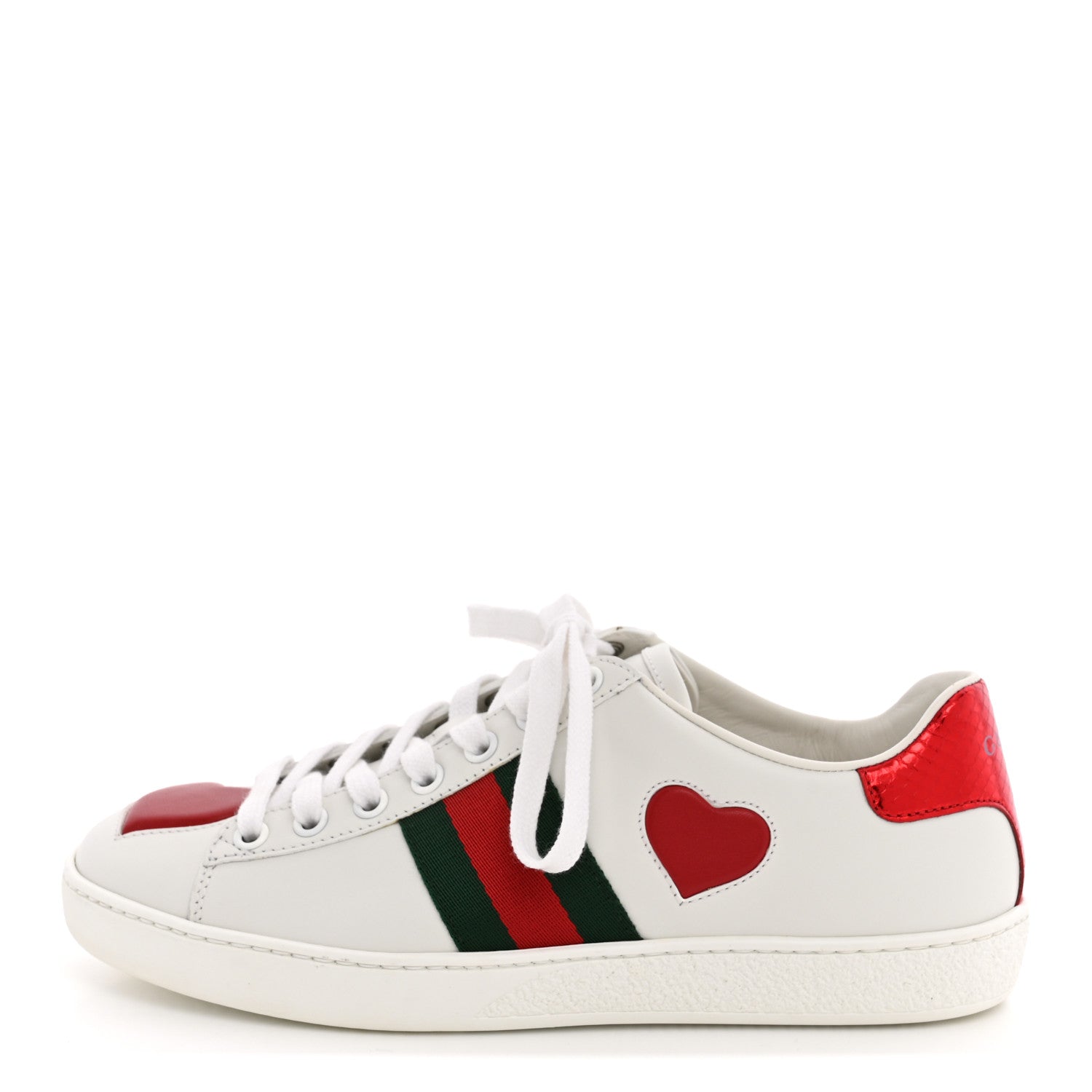 Calfskin Web Heart Embroidered Womens Ace Sneakers 36 White