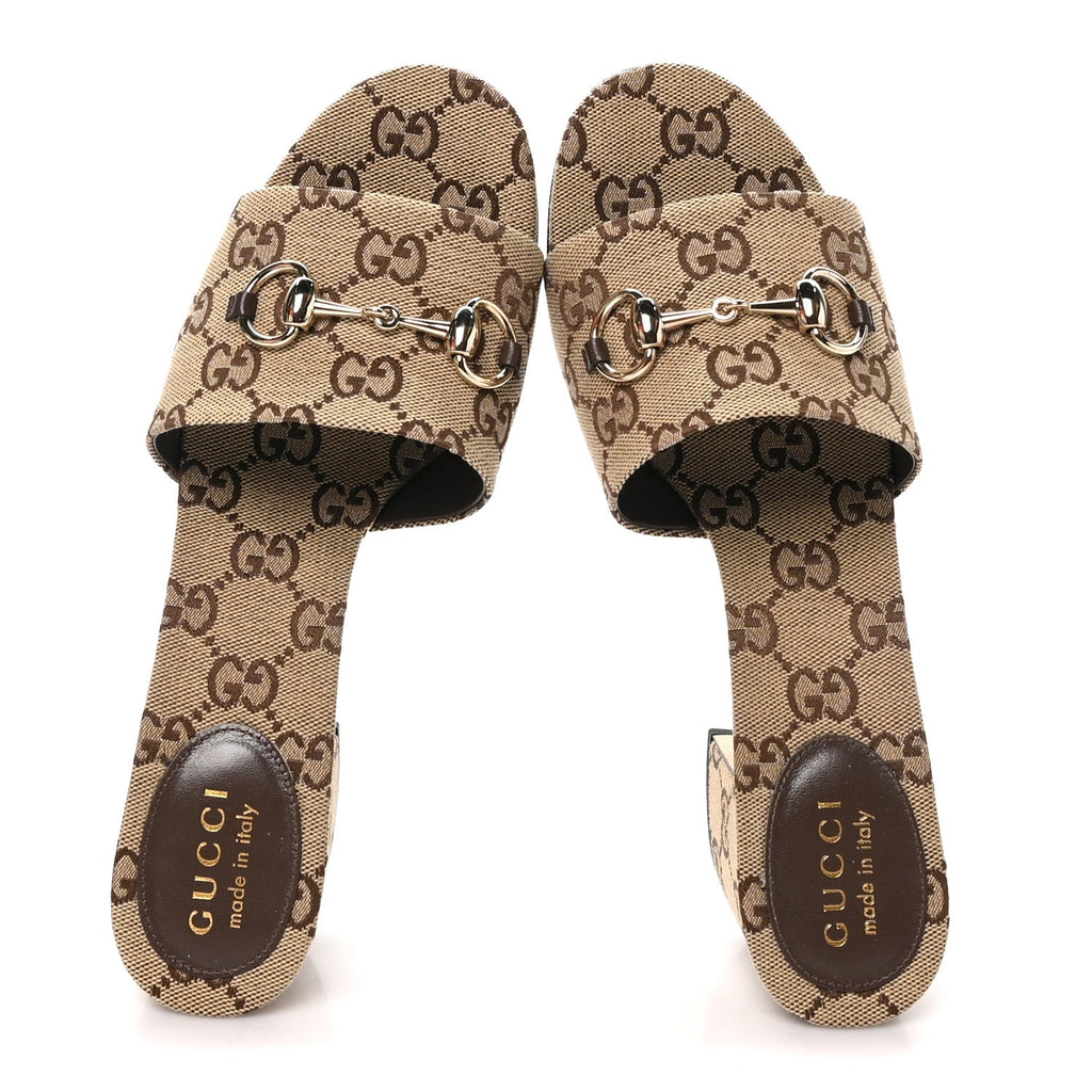 GG Monogram Horsebit Slide Sandals 38.5 Camel Brown