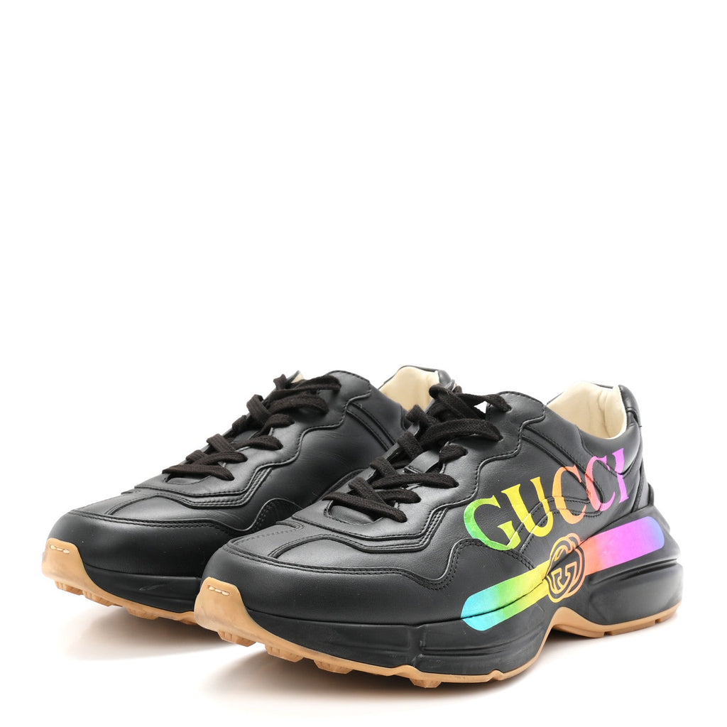 Calfskin Iridescent Logo Mens Rhyton Sneakers 9 Black