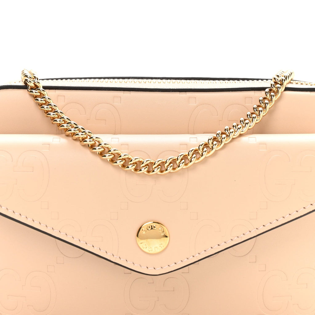 Calfskin GG Super Mini Debossed Chain Wallet Light Beige