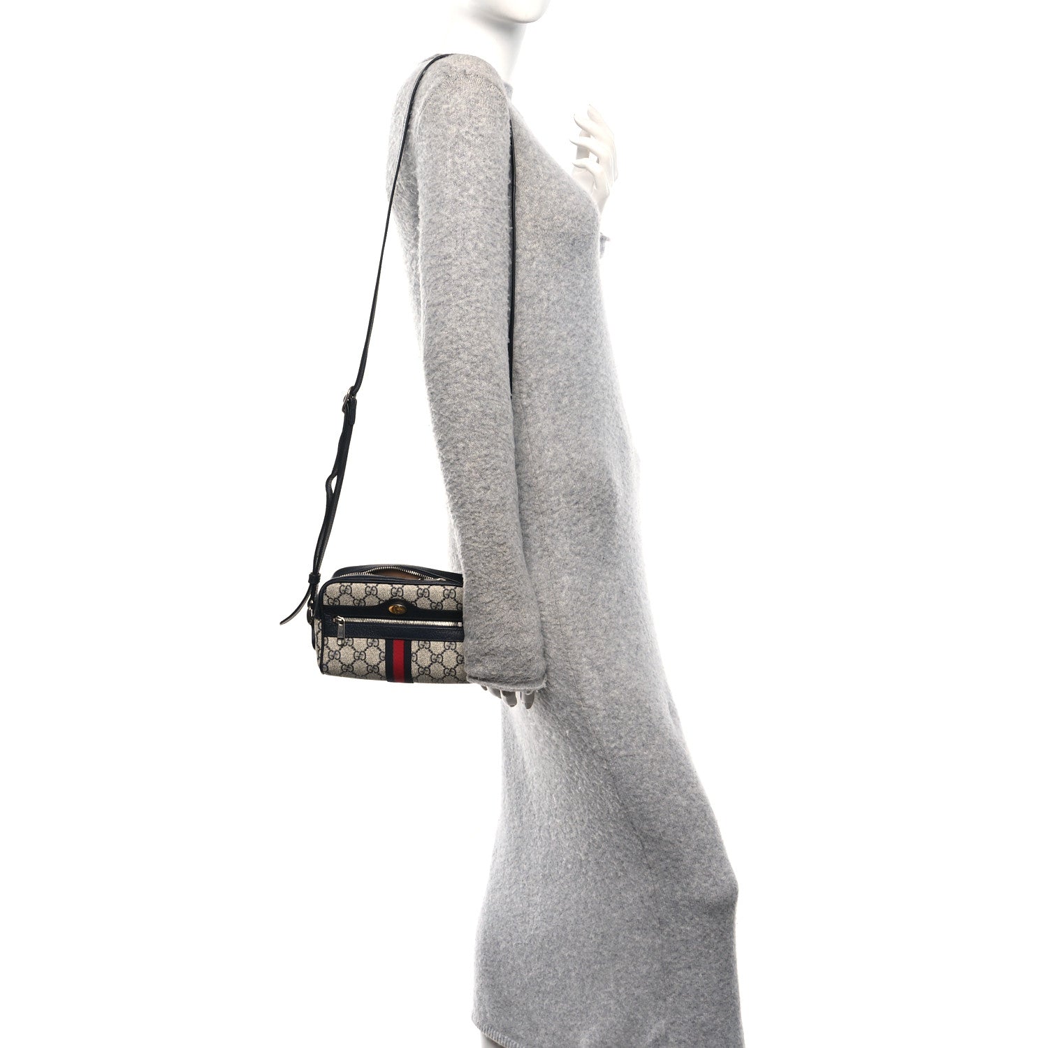 GG Supreme Monogram Textured Dollar Calfskin Web Mini Ophidia Shoulder Bag Beige Blue