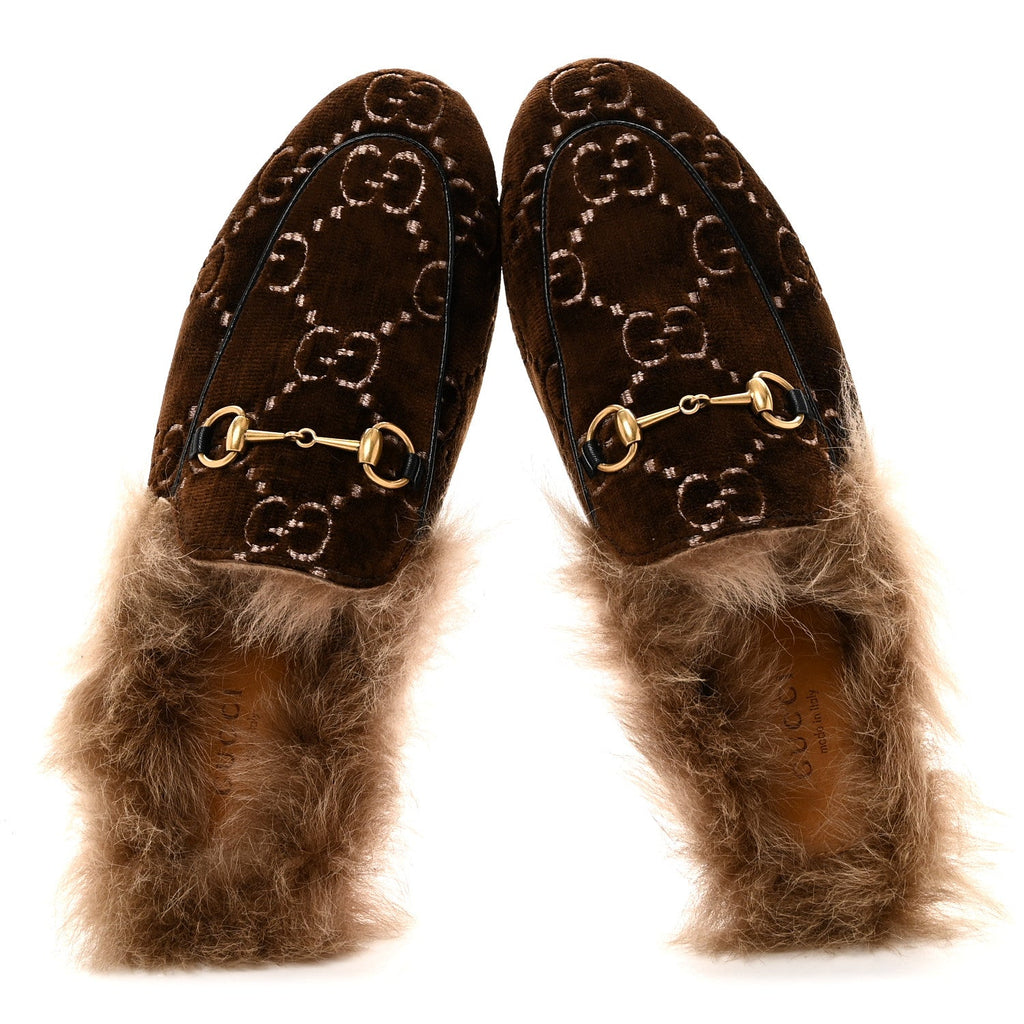 Velvet GG Monogram Fur Womens Princetown Slippers 38 Brown Black Natural