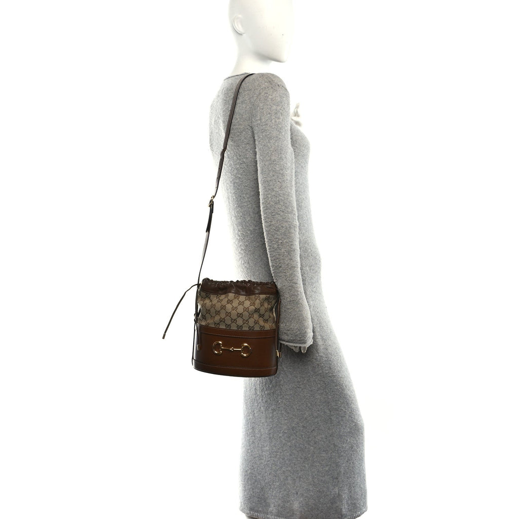 Monogram Textured Calfskin Horsebit 1955 Drawstring Bucket Bag Beige Brown Sugar