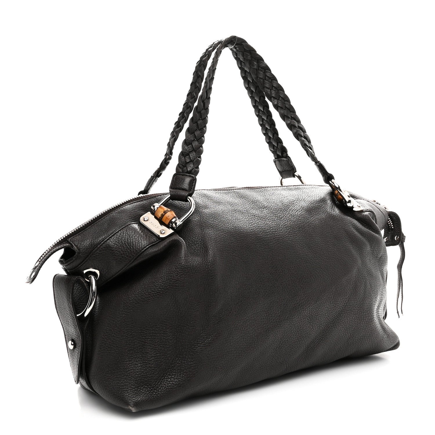 Pebbled Calfskin Large Bamboo Bar Tassel Shoulder Bag Dark Brown