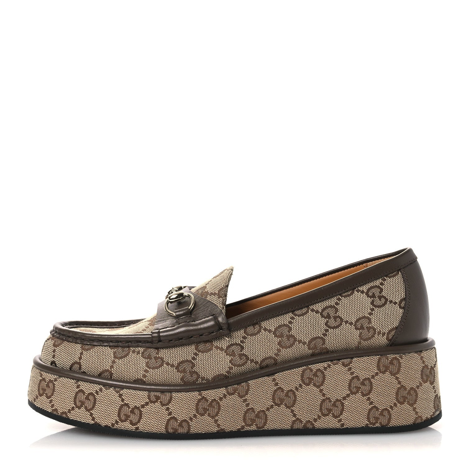 Monogram Horsebit Calfskin Womens Horsebit Wedge Platform Loafers 37 Beige Ebony