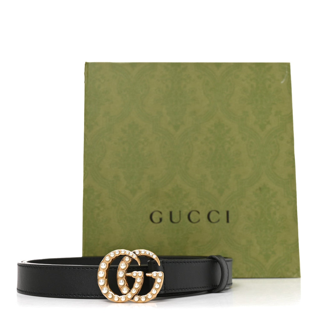 Moon Calfskin Pearl Double G 20mm Belt 85 34 Black Cream