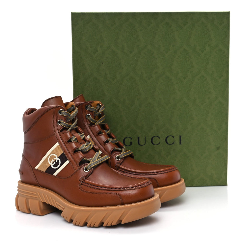 Quebec Calfskin Web Mens Interlocking G Lace Up Combat Up Combat Boots 8 Cuir Mystic White Ebony Beige