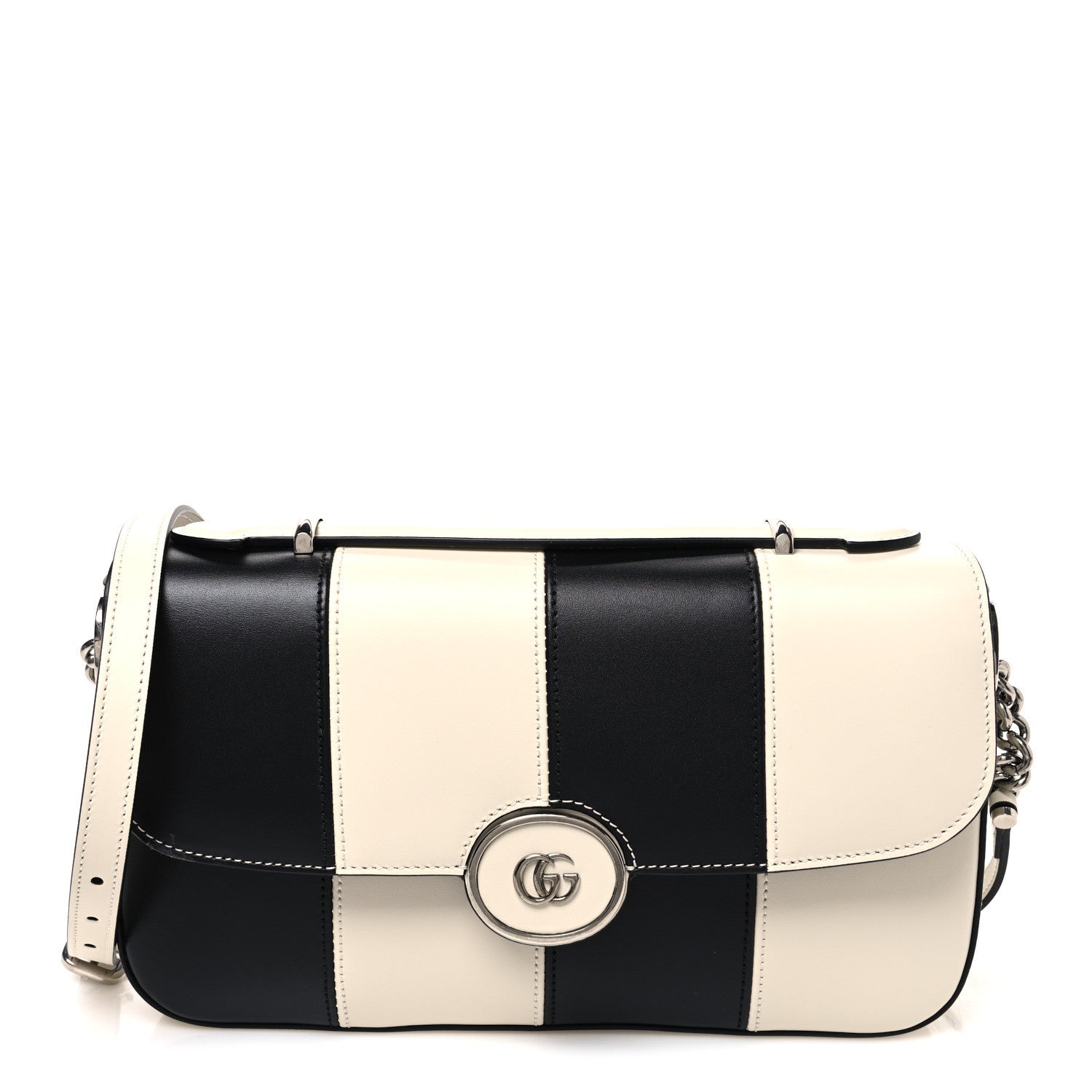Senna Calfskin Lines Petite GG Top Handle Shoulder Bag Black Mystic White
