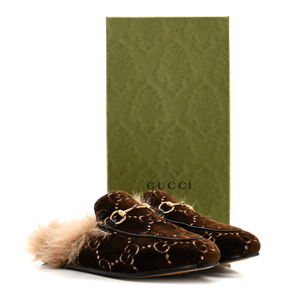 Velvet GG Monogram Fur Womens Princetown Slippers 38 Brown Black Natural