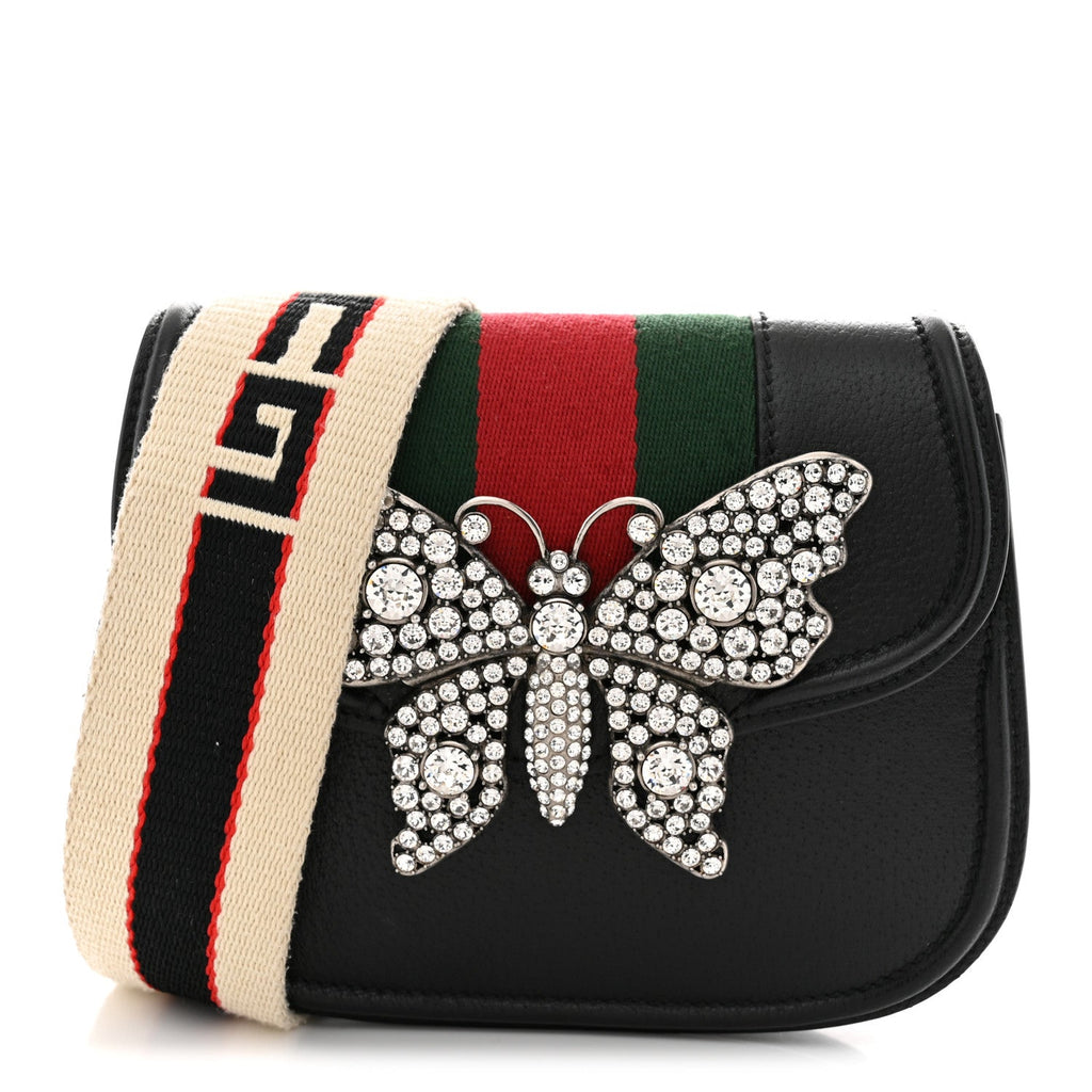 Calfskin Web Crystal Butterfly Stripe Small Totem Shoulder Bag Black