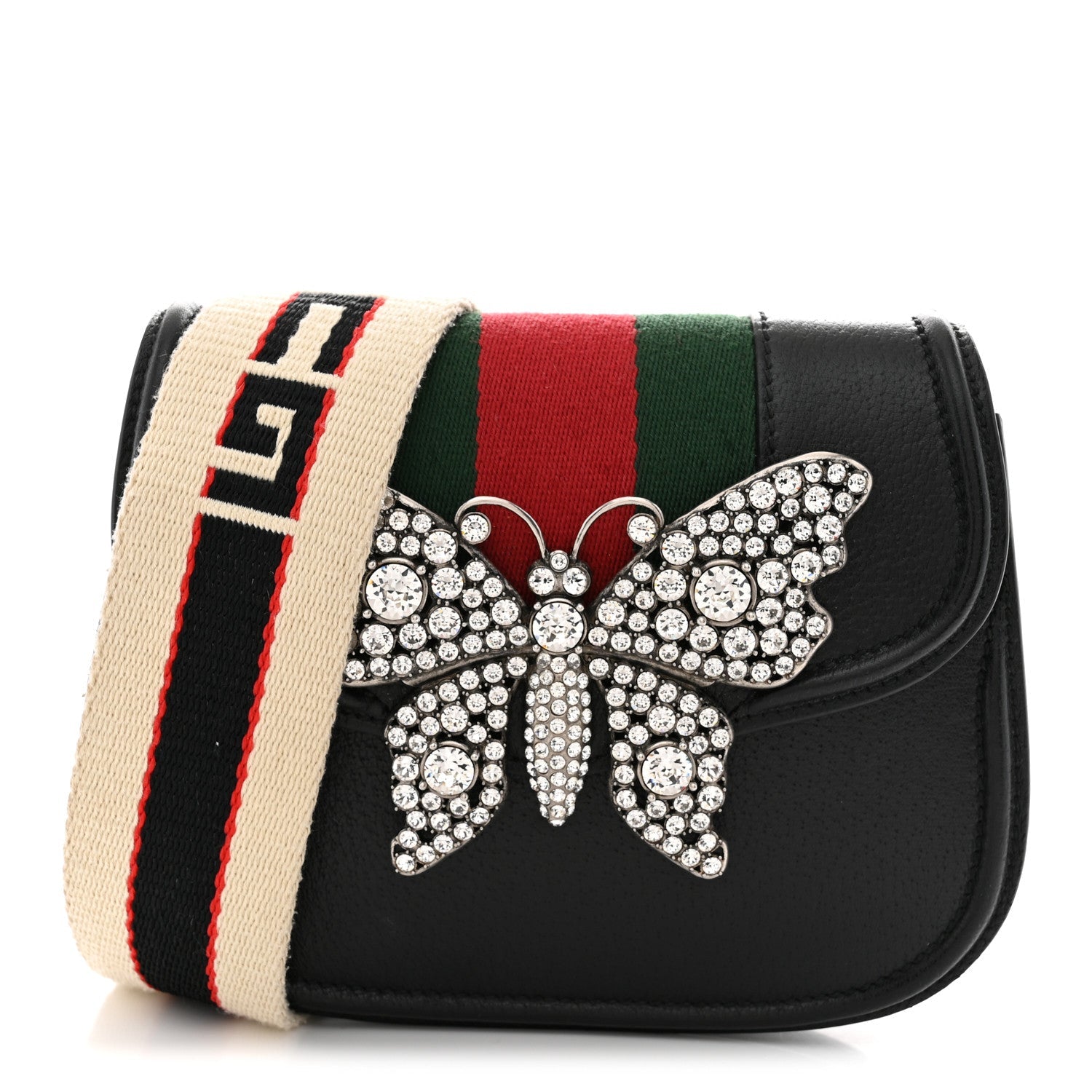 Calfskin Web Crystal Butterfly Stripe Small Totem Shoulder Bag Black