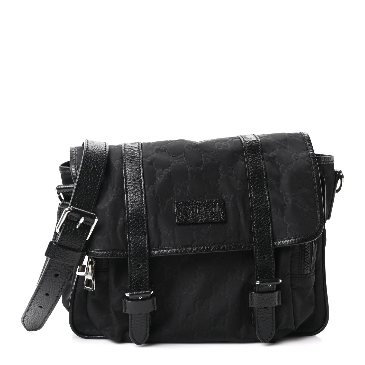 Nylon Monogram Double Buckle Flap Messenger Bag Black