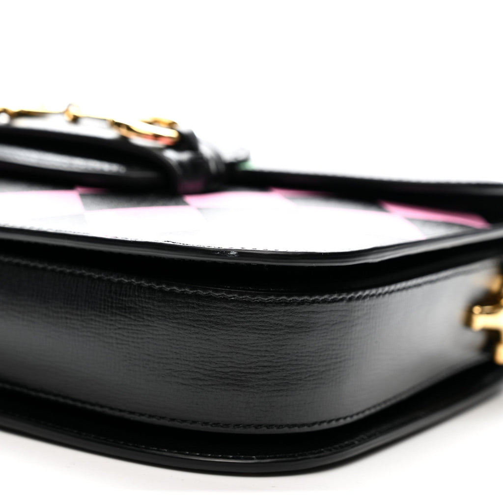 Textured Calfskin Geometric Print Horsebit 1955 Shoulder Bag Black Multicolor