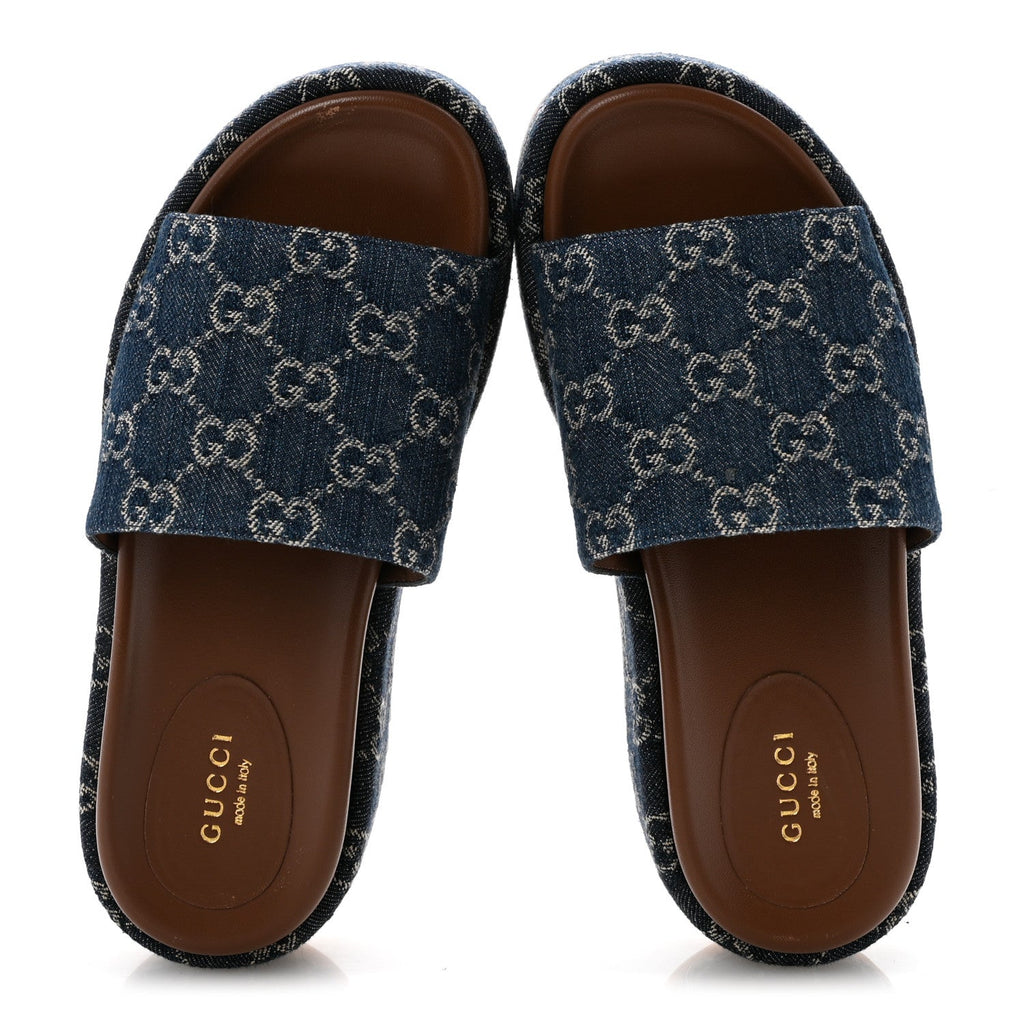 New Denim GG Monogram Angelina Platform 55mm Slide Sandals 36 Blue Tea