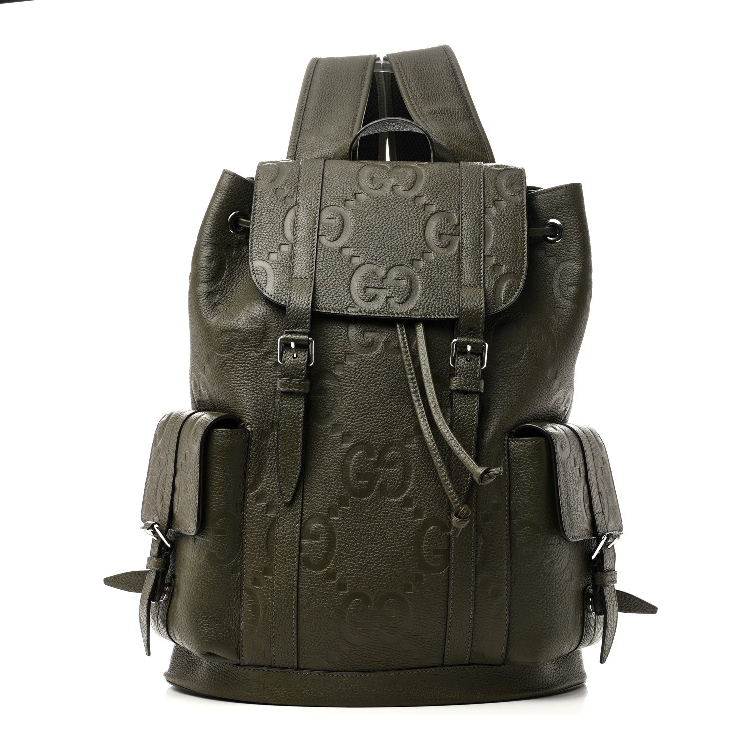 Piuma Calfskin Jumbo GG Embossed Double Buckle Backpack Dark Vintage Olive