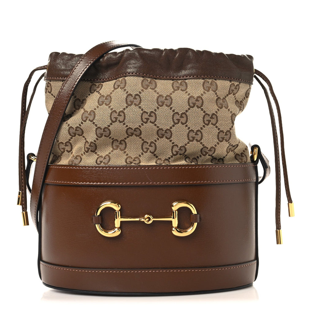 Monogram Textured Calfskin Horsebit 1955 Drawstring Bucket Bag Beige Brown Sugar