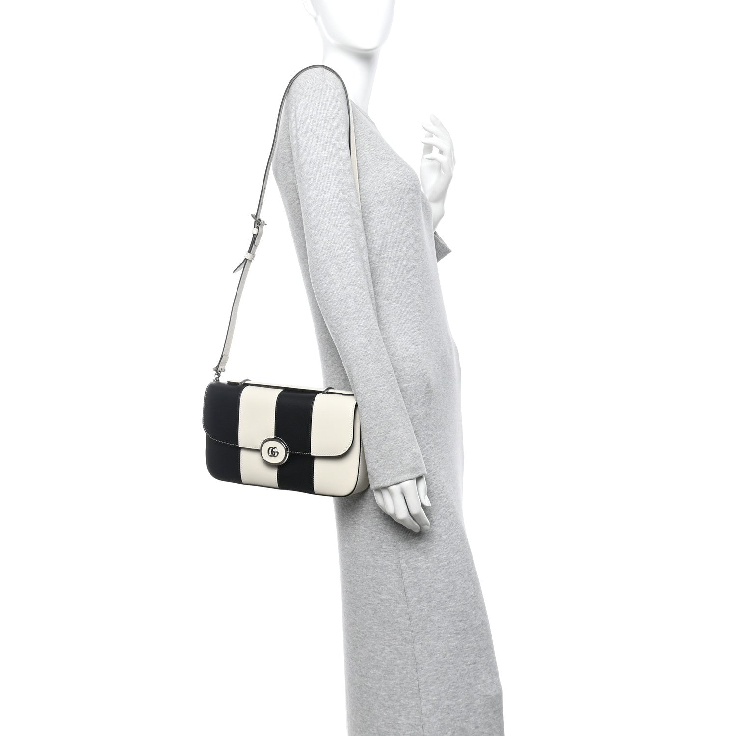 Senna Calfskin Lines Petite GG Top Handle Shoulder Bag Black Mystic White