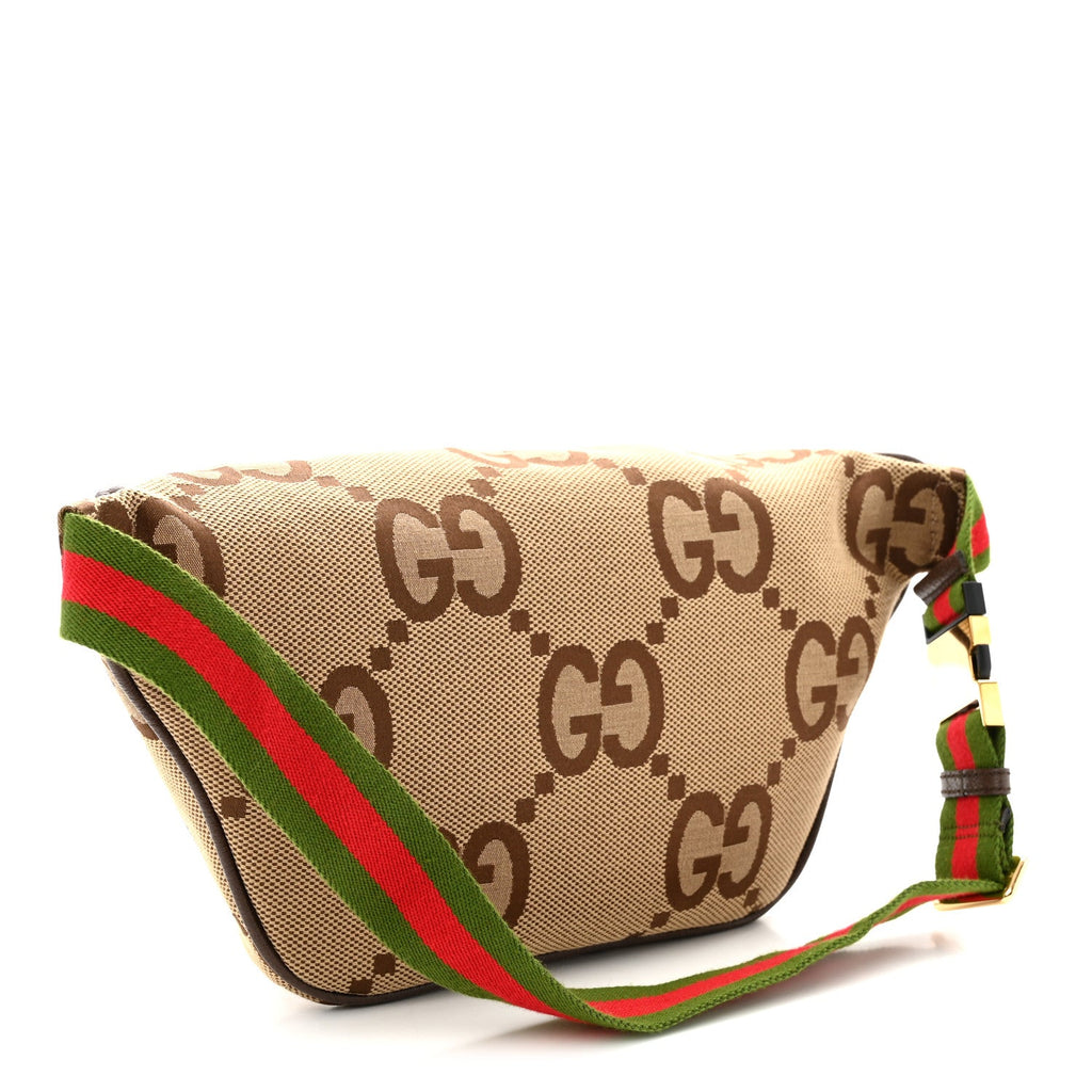Monogram Jumbo GG Textured Dollar Calfskin Web Belt Bag Camel Ebony New Acero