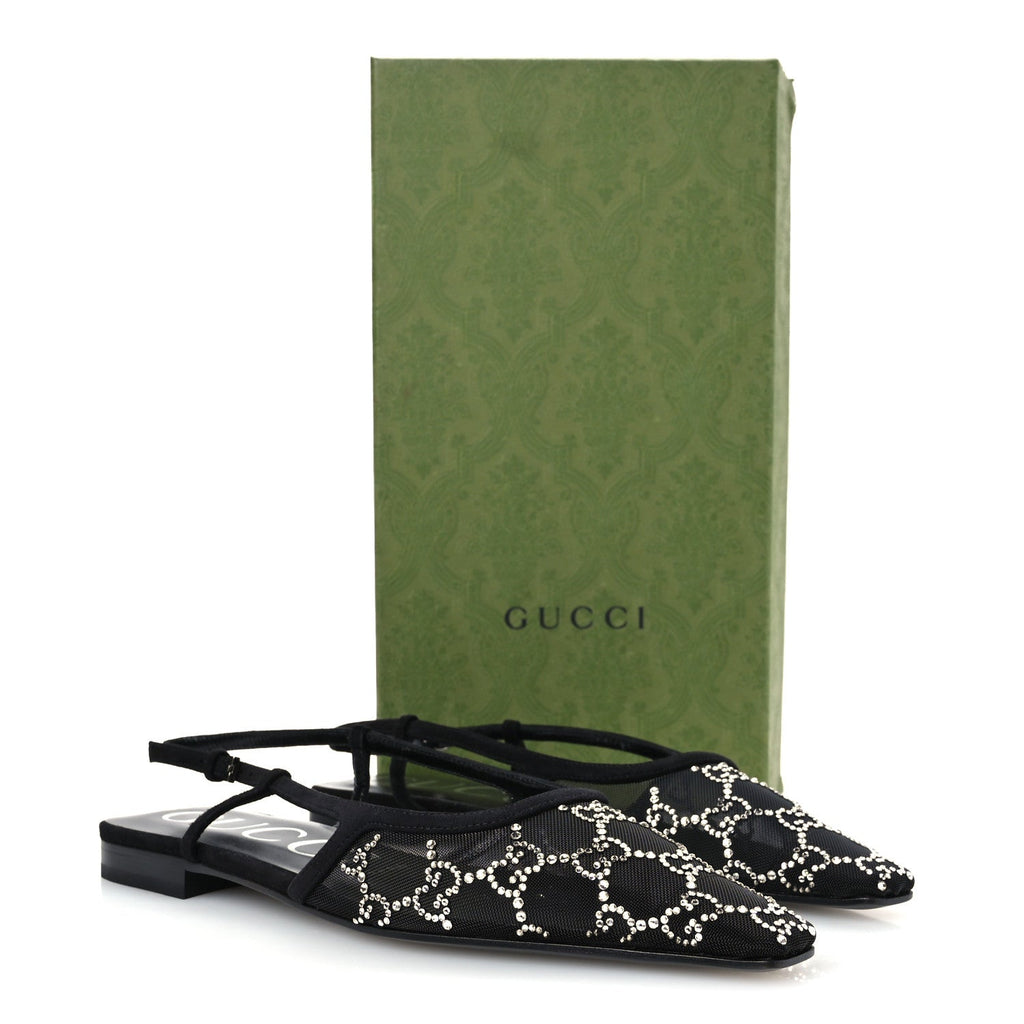 Suede Mesh Crystal GG Monogram Slingback Ballet Flats 39.5 Black 39 Black