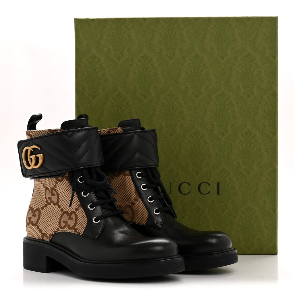 Flores Calfskin Monogram Maxi GG Nappa Matelasse Double G 40mm Ankle Boots 36.5 Black Camel Ebony
